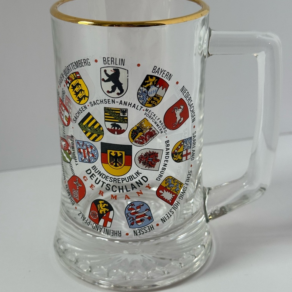 Elegant Glass Mug with German State Crests and Gold Rim